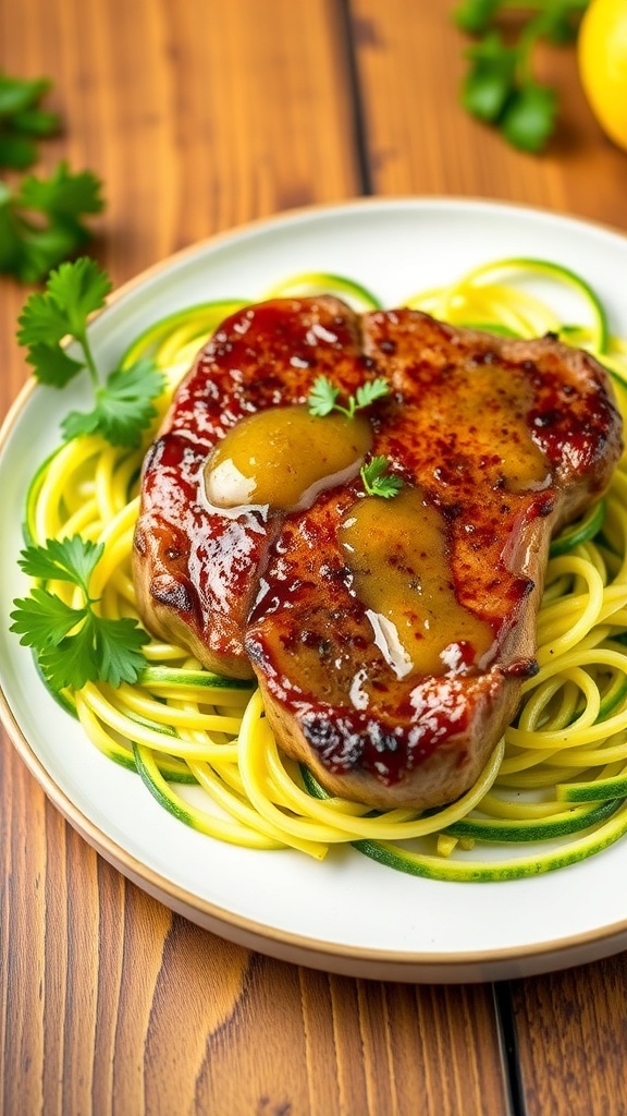 A plate of lemon garlic butter steak on zucchini noodles garnished with parsley.